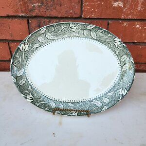 Oval Ceramic Serving Platter with Green & White Floral Pattern 12" X 9"